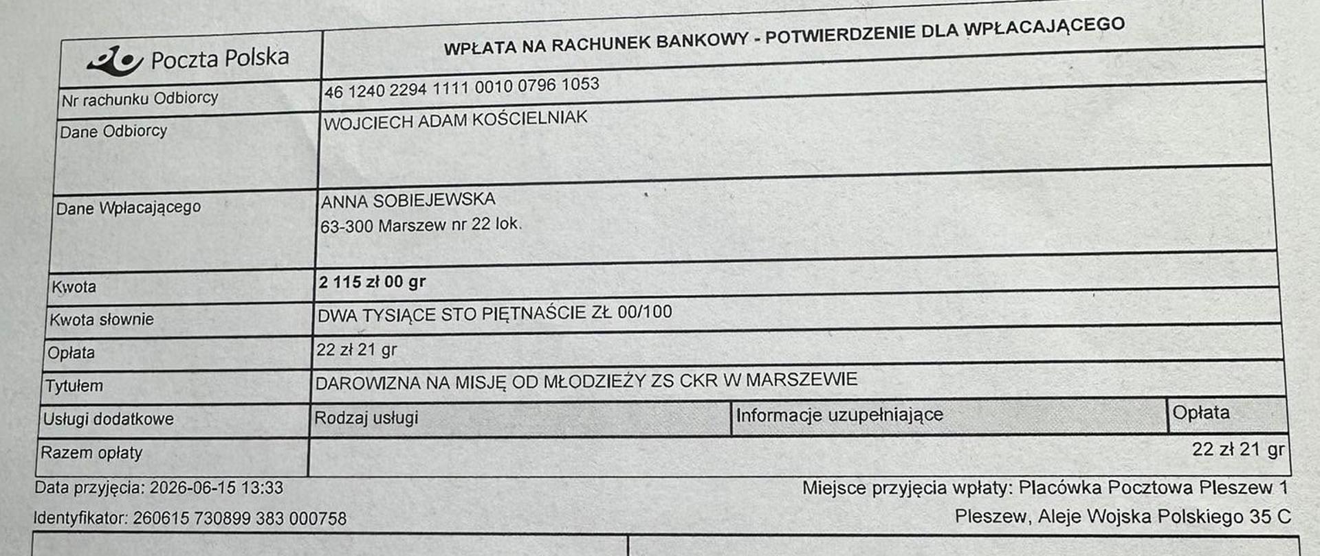 Potwierdzenie wpłaty na misję w Kiabakari