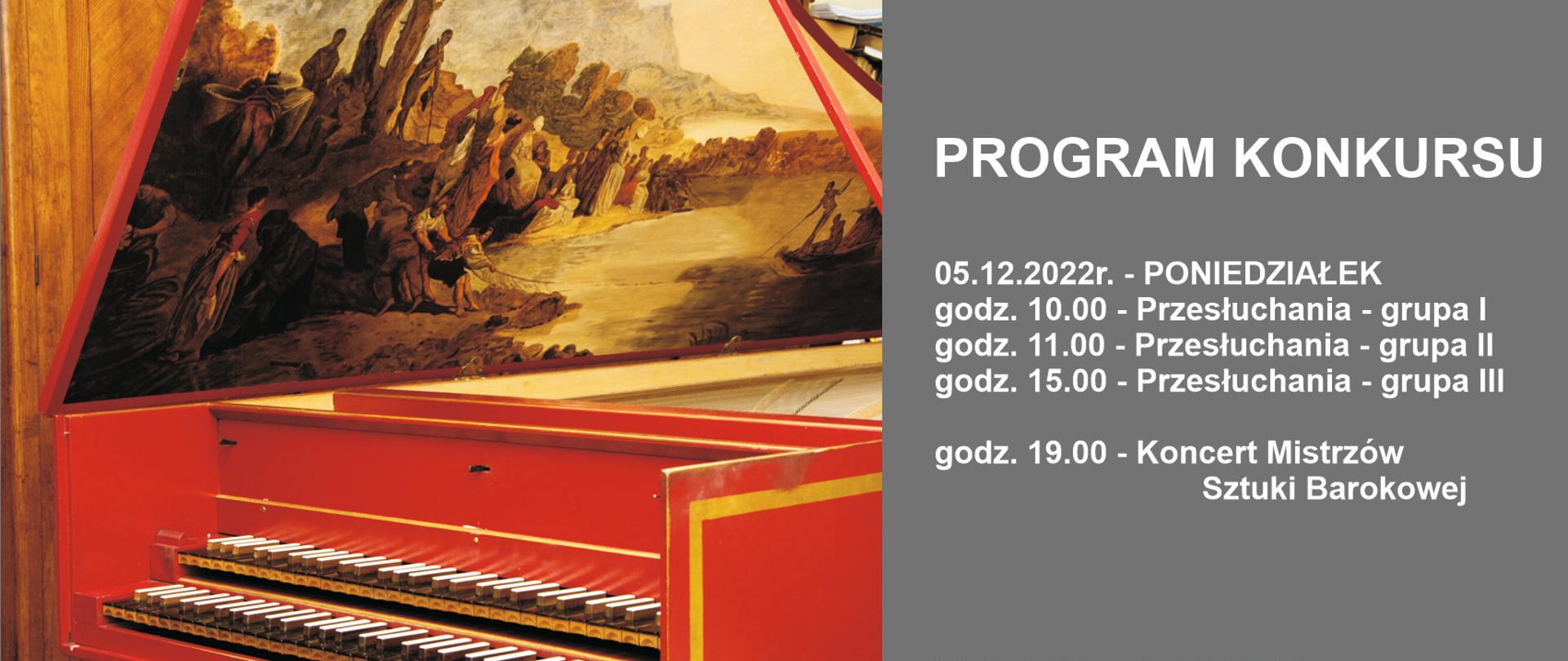 Plakat z obrazkiem klawesynu napis program konkursu 