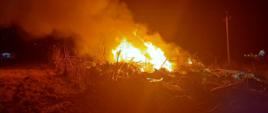 Płomienie palących się odpadów na posesji.