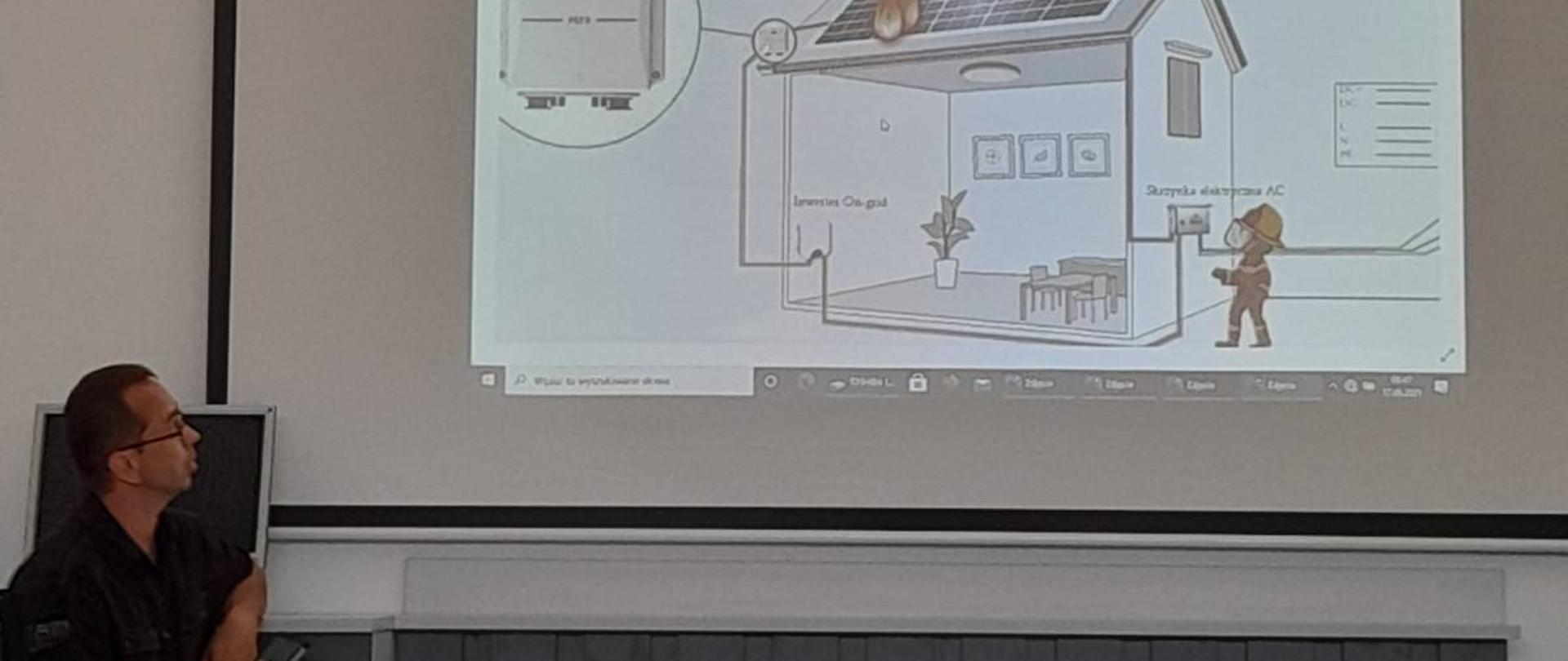 Szkoleniowiec stający przed tablicą z informacjami