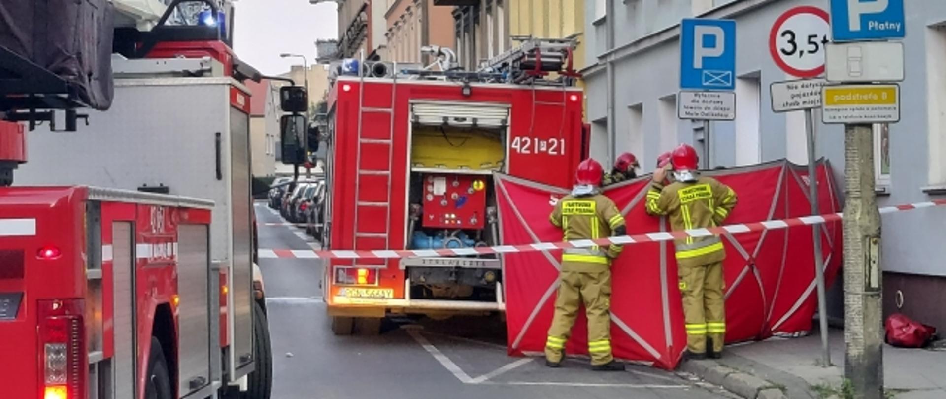 Pochmurny dzień. Na jezdni stoją dwa czerwone wozy strażackie. Obok jednego duży czerwony parawan ratowniczy. Przed nim dwójka strażaków w jasnych mundurach bojowych i czerwonych hełmach.