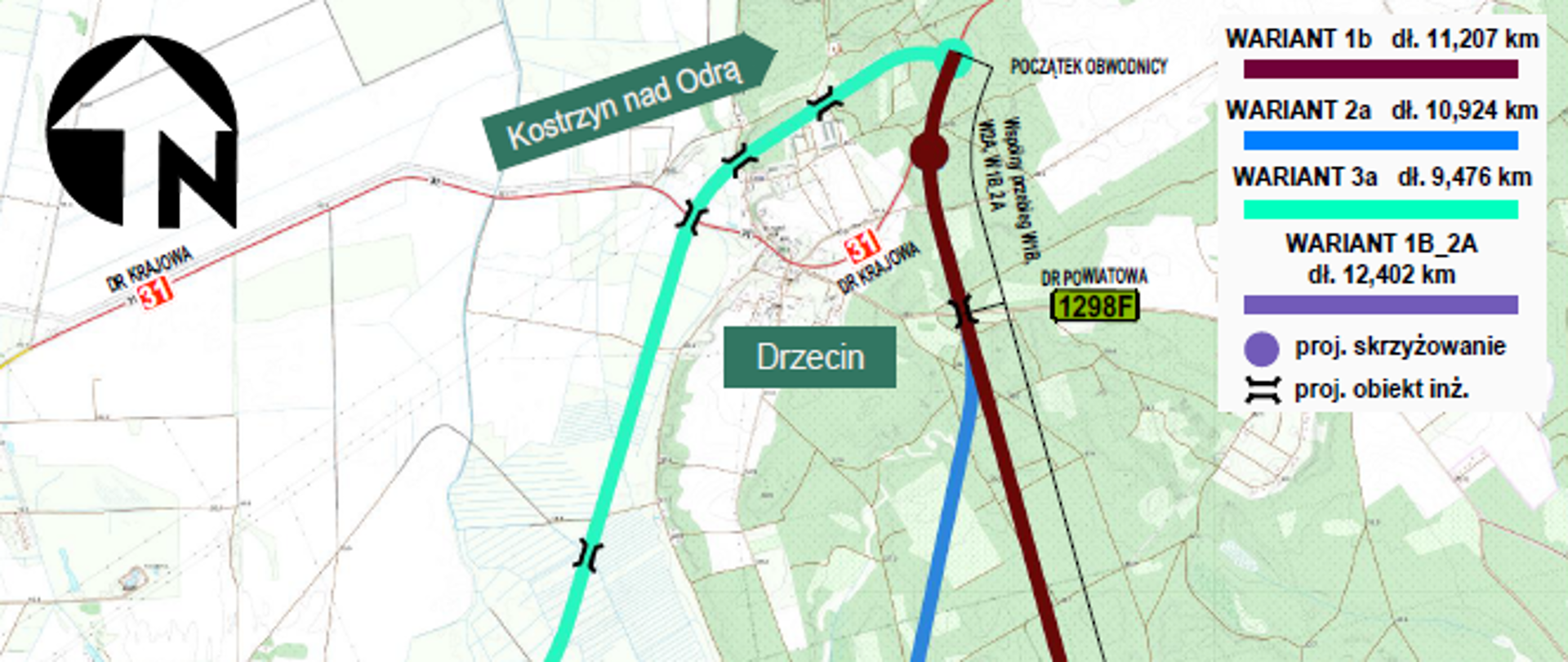 Mapa z narysowanymi wariantami przebiegu obwodnicy Słubic.