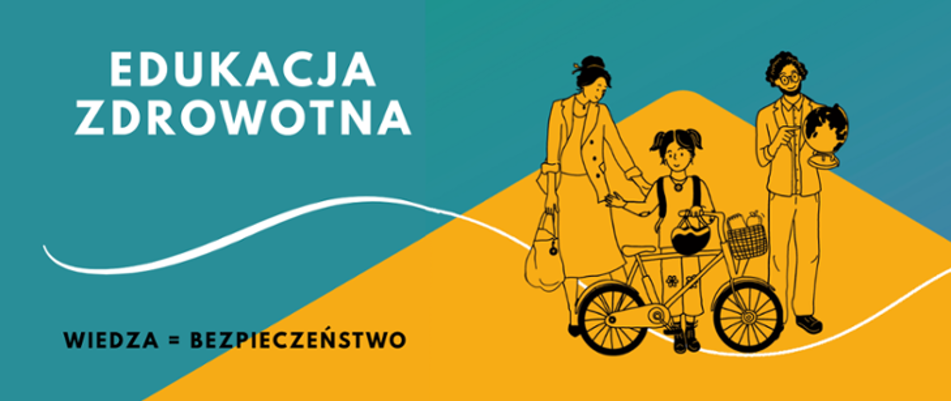 Na tle w kolorze morsko-pomarańczowym widnieje napis „EDUKACJA ZDROWOTNA” oraz hasło „WIEDZA = BEZPIECZEŃSTWO”. Obok znajdują się ilustracje kobiety, dziecka z rowerem i koszem zakupów oraz mężczyzny trzymającego globus.