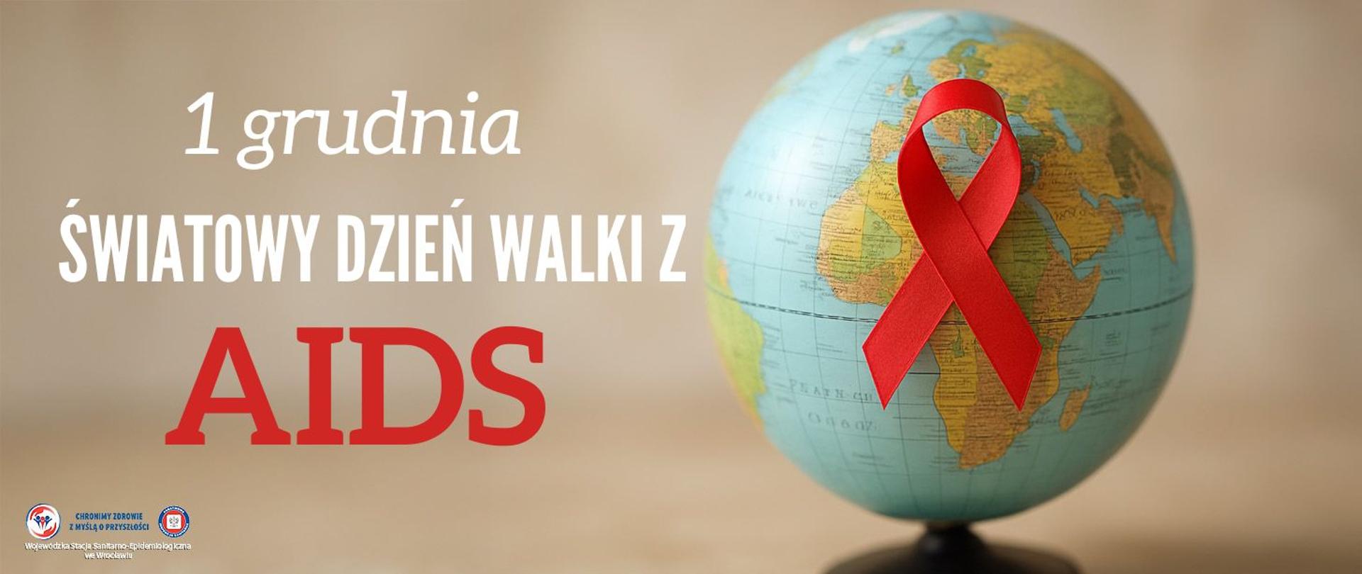 Globus opleciony czerwoną wstążką, symbol globalnej walki z AIDS, realistyczny styl, delikatne oświetleni