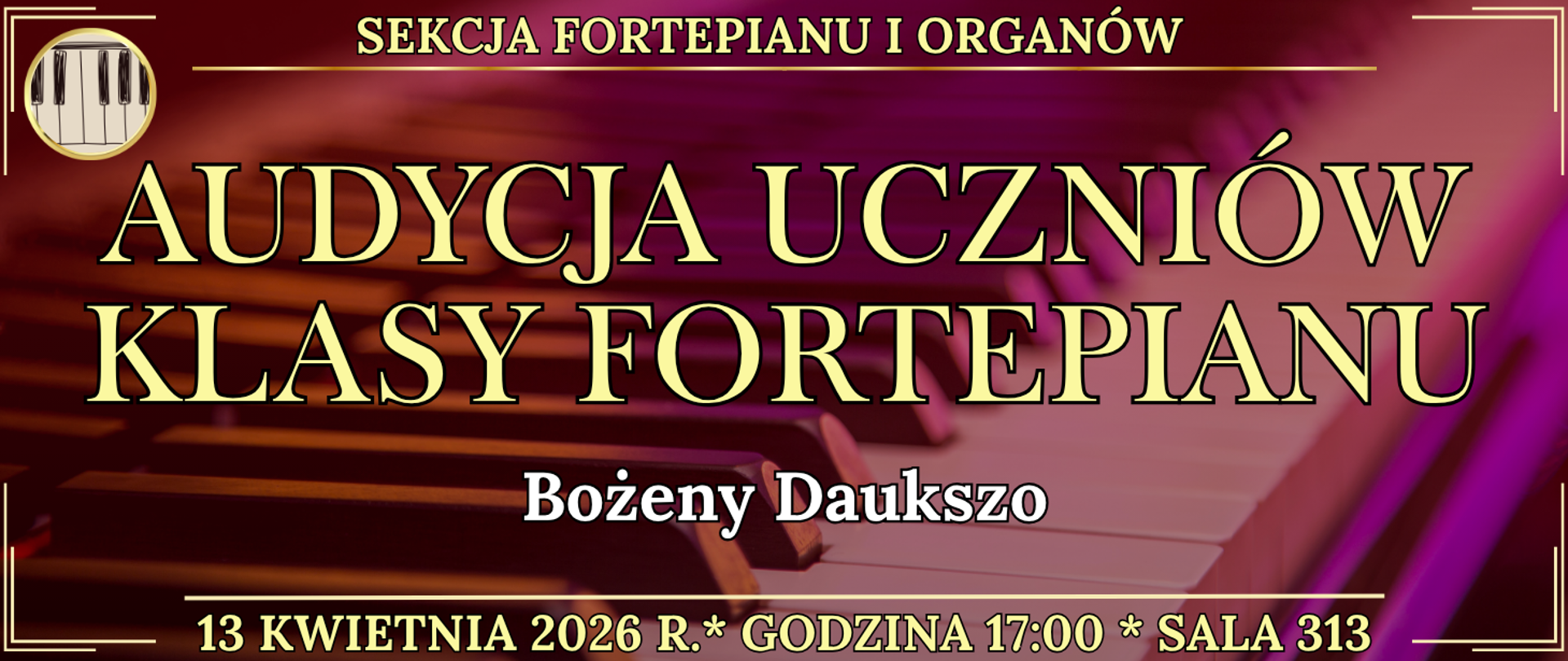 baner w tle klawiatura fortepianu oraz informacja o wydarzeniu
