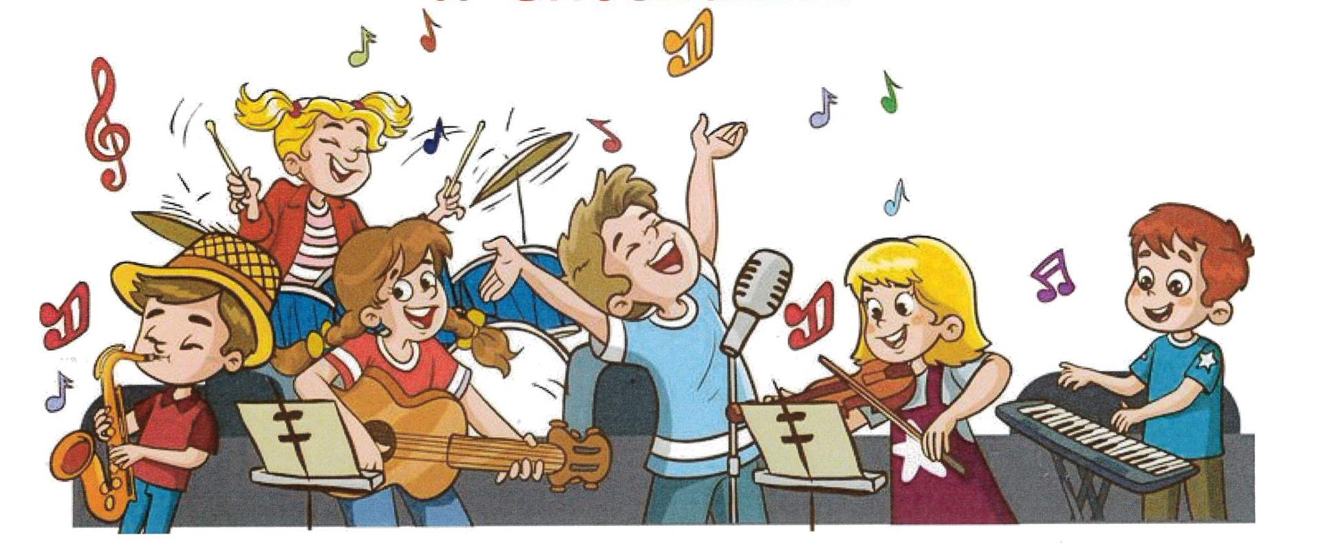 Od góry na białym tle wyśrodkowany tekst w 5 liniach: Uroczyste zakończenie roku szkolnego 2024/2025 Szkoła Muzyczna I stopnia im. I.J.Paderewskiego w Choszcznie. poniżej grafika dzieci grających na różnych instrumentach. Poniżej: 25.06.2025 r. (środa) godz. 16:00 - dzieci młodsze, godz. 17:30 dzieci starsze