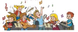 Kolorowa grafika przedstawiająca dzieci grających na różnych instrumentach