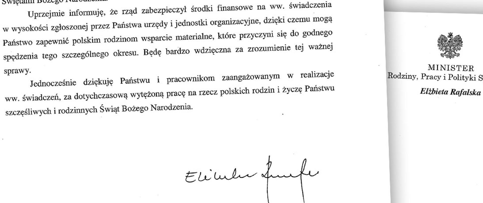 Fragment pisma minister Elżbiety Rafalskiej