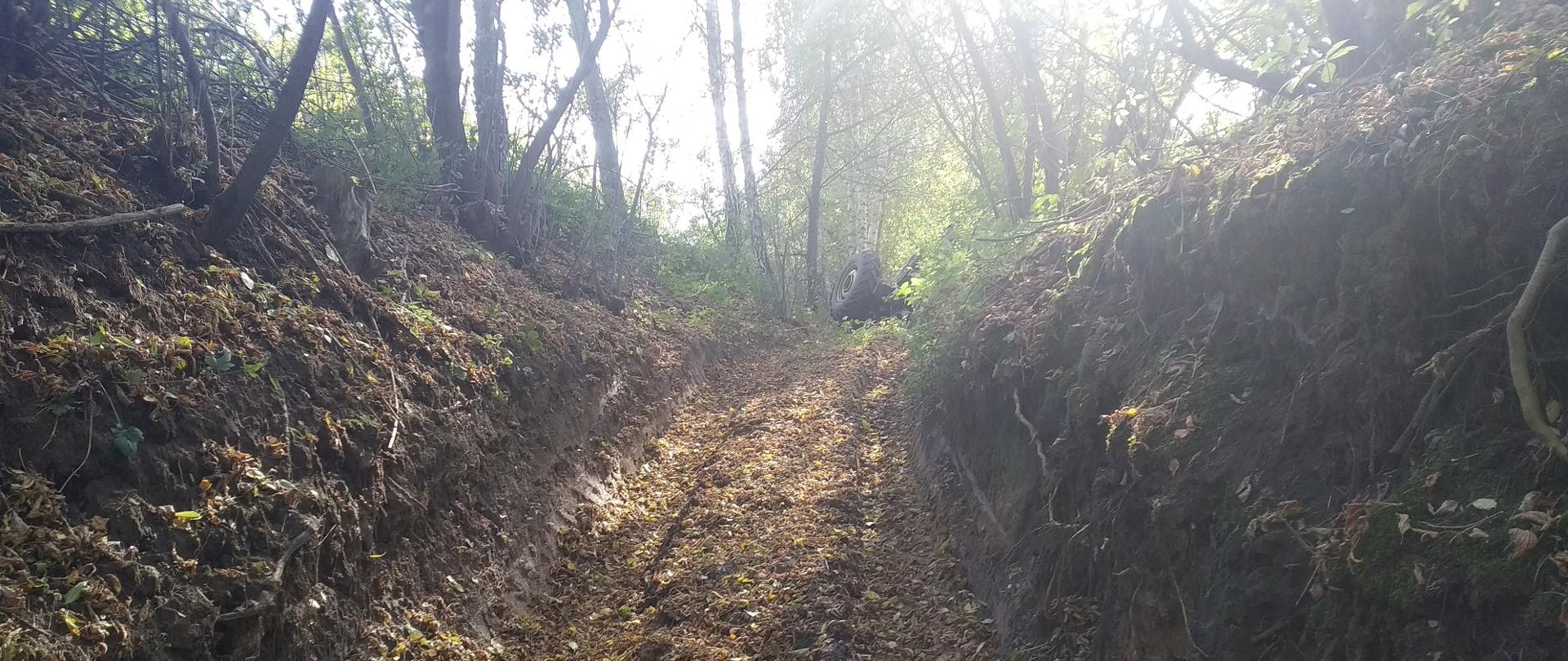 Zdjęcie zrobione na wąskiej drodze gruntowej w wąwozie. Po obu stronach wąwozu rosną drzewa. W oddali na górze widać koło ciągnika rolniczego, który jest przewrócony.