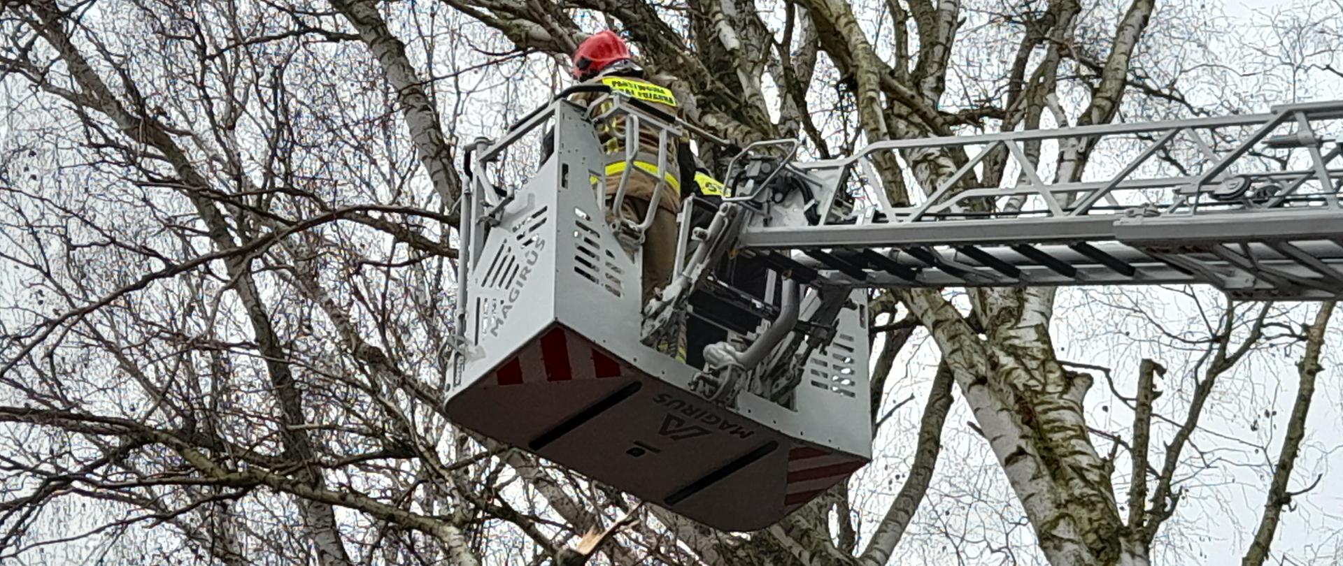na zdjęciu widać strażakó w koszu drabiny 