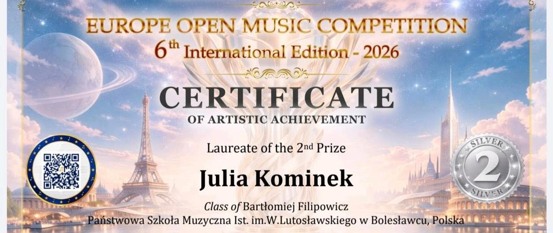 Zdjęcie przedstawiające dyplom dla Denysa Krasii za zajęcie II miejsca w międzynarodowym konkursie Europe Open Music Competition – 6th International Edition 2026. Uczennica pana Bartłomieja Filipowicza. Uzyskała 86 na 100 punktów w sekcji artystycznej dziecięcej na gitarze klasycznej. Belgrad, Serbia, 4 kwietnia 2026 r.
