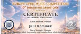 Zdjęcie przedstawiające dyplom dla Denysa Krasii za zajęcie II miejsca w międzynarodowym konkursie Europe Open Music Competition – 6th International Edition 2026. Uczennica pana Bartłomieja Filipowicza. Uzyskała 86 na 100 punktów w sekcji artystycznej dziecięcej na gitarze klasycznej. Belgrad, Serbia, 4 kwietnia 2026 r.