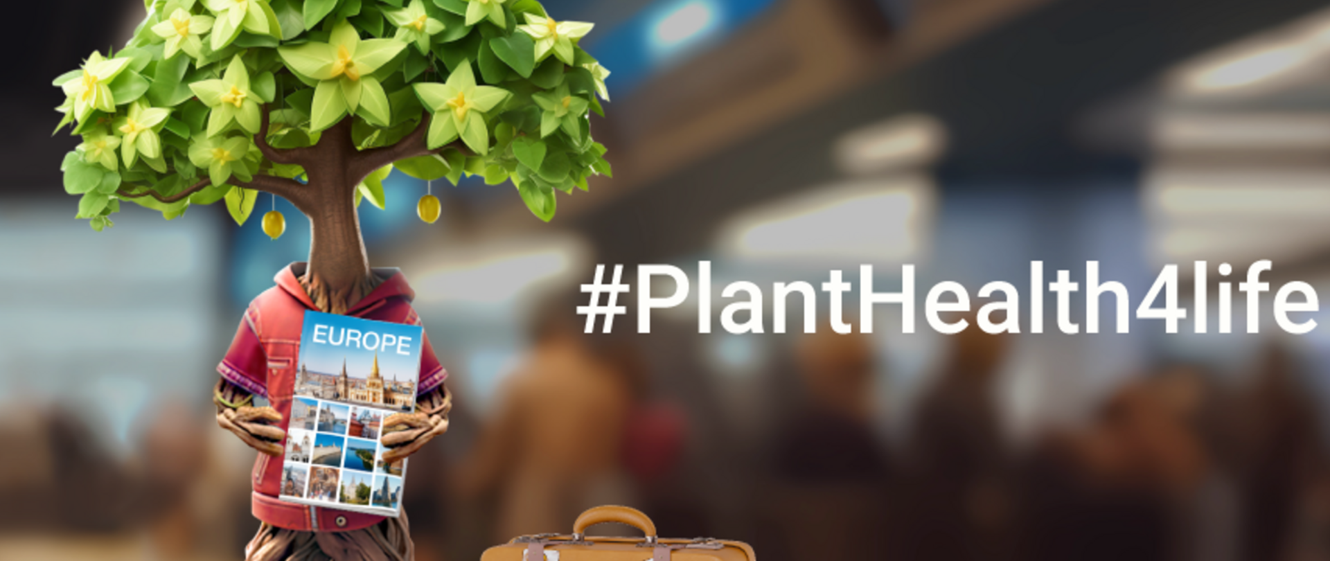 Grafika, drzewo trzyma mapę europy, walizka, napis #PlanetHealth4Life
