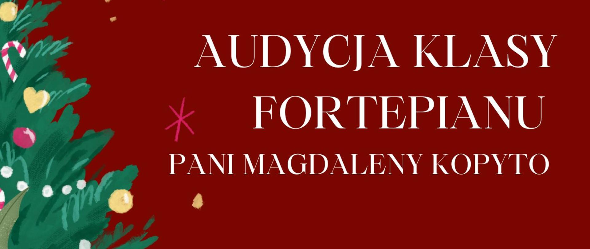 Plakat przedstawia Mikołaja pijącego gorącą czekoladę z piankami i jedzącego ciastko, który siedzi przy choince. Plakat zawiera informację o miejscu godzinie i dacie audycji klasy fortepianu pani Magdaleny Kopyto