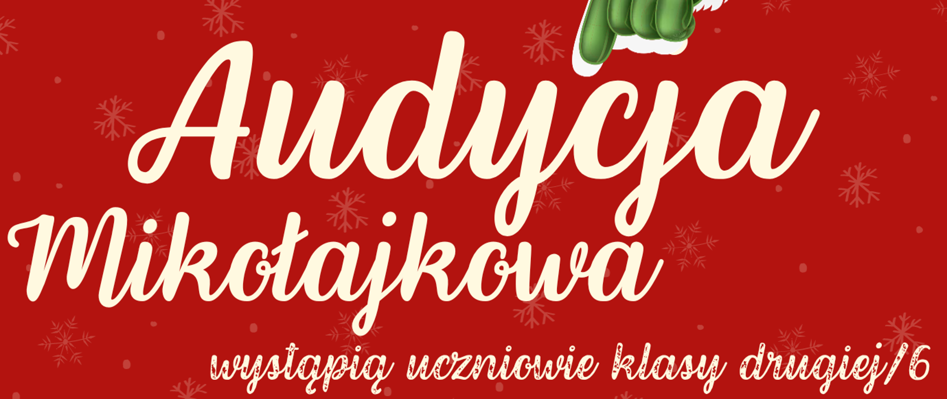 Grafika plakatu jest w tonacji biało-czerwonej. Lewy górny róg to logo szkoły obok pełna nazwa szkoły oraz sekcji organizujących wydarzenie - czyli sekcja instrumentów klawiszowych i sekcji instrumentów dętych. Poniżej postać św. Mikołaja, który wskazuje palcem na nazwę audycji - Audycji Mikołajkowej. Następnie kto wystąpi- uczniowie klasy II cyklu sześcioletniego. Na samym dole pomiędzy graficznymi dzwonkami miejsce, data i czas- sala kameralna, 5 grudnia, godzina 17.00 oraz zaproszenie na to wydarzenie.