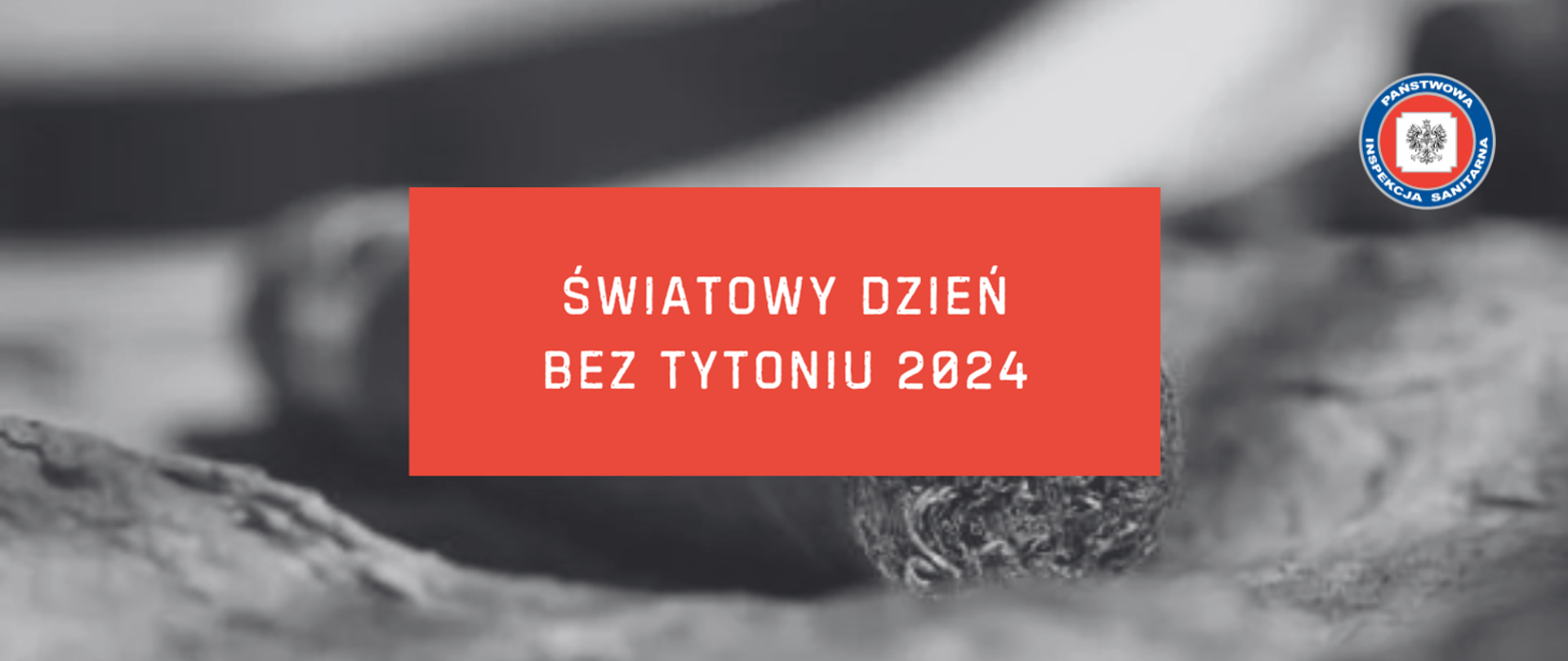 Na szarym tle czerwony prostokąt a w nim biały napis Światowy Dzień bez Tytoniu 2024