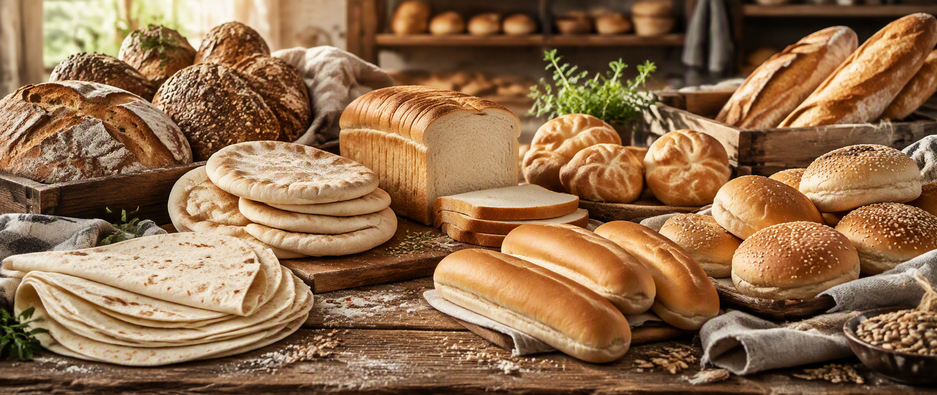Różne rodzaje pieczywa ułożone na drewnianym stole w piekarni, w tym tortille, pity, chleb tostowy, bułki do hot dogów, bułki hamburgerowe, bagietki oraz pieczywo wieloziarniste.