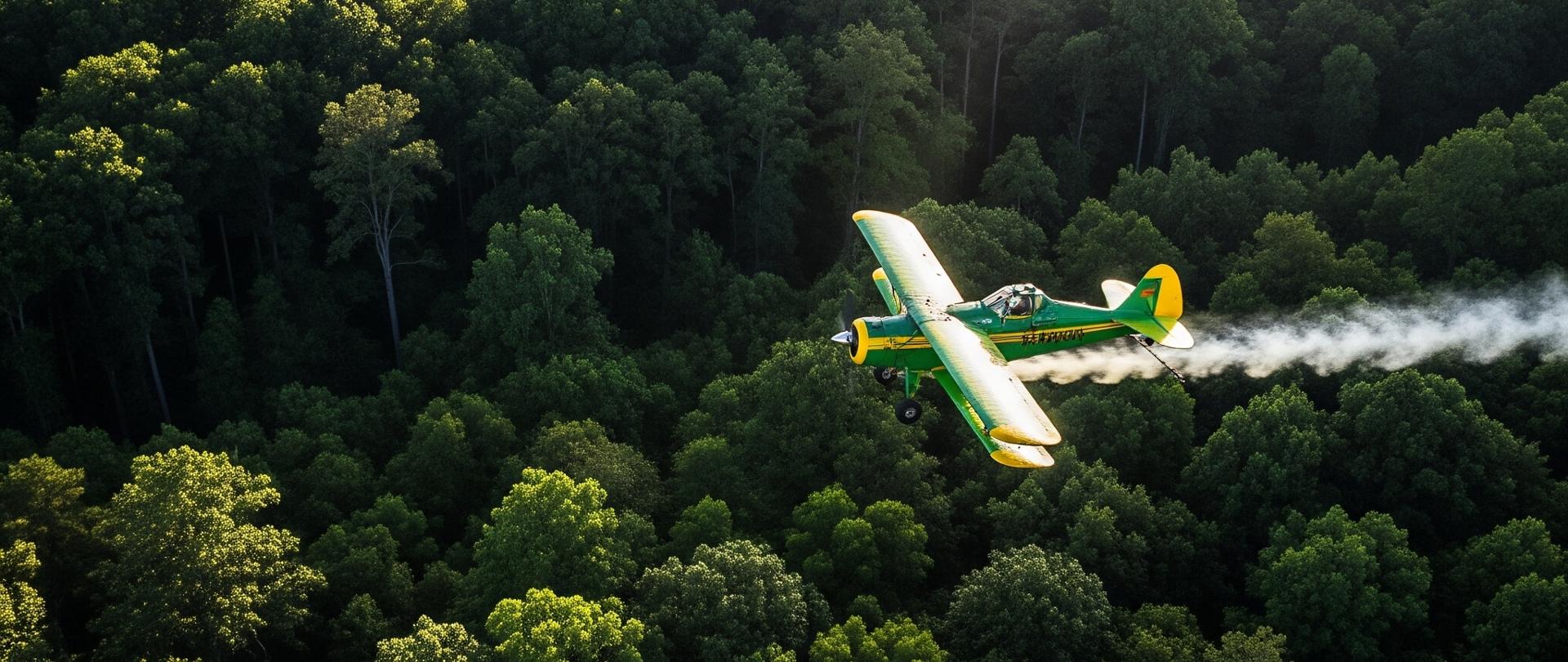żółtozielony samolot leci nad drzewami - lasem a z nim snuje się smuga oprysku