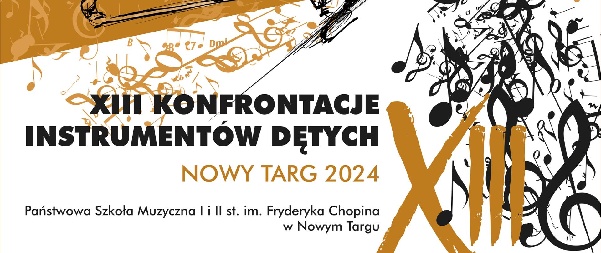 Grafika plakatu jest w kolorach białym, brązowym oraz czarnym. Na plakacie rycina korpusu grającego puzonisty, który wydmuchuje nuty i klucze wiolinowe, które znajdują się po lewej i prawej stronie plakatu. W górnej części plakatu jest data konkursu- 21 marca 2024 r. W prawym górnym rogu jest logo szkoły. Dolna część plakatu to pełna nazwa konkursu i organizatora czyli- XIII Konfrontacje Instrumentów Dętych -Nowy Targ 2024 , Państwowa Szkoła Muzyczna I i II st. im. Fryderyka Chopina w Nowym Targu