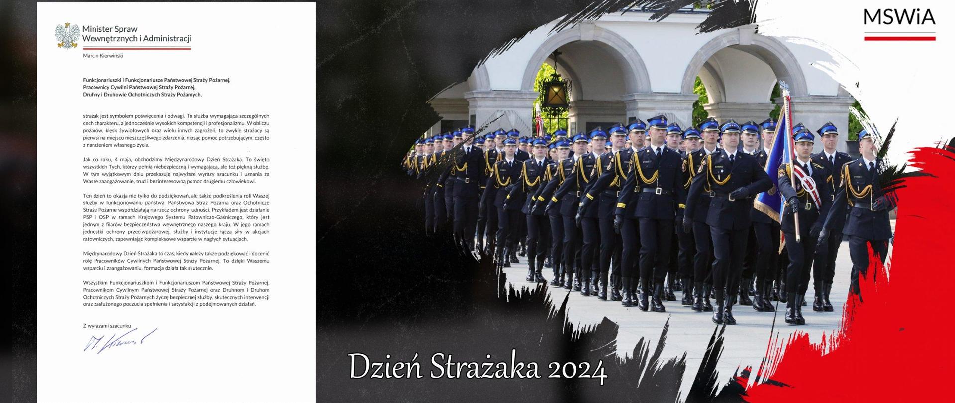 Grafika zawiera życzenia Ministra Spraw Wewnętrznych i Administracji z okazji Dnia Strażaka. Po prawej zdjęcie pododdziału strażackiego, w tle Grób NIeznanego Żołnierza, a po lewej treść życzeń.