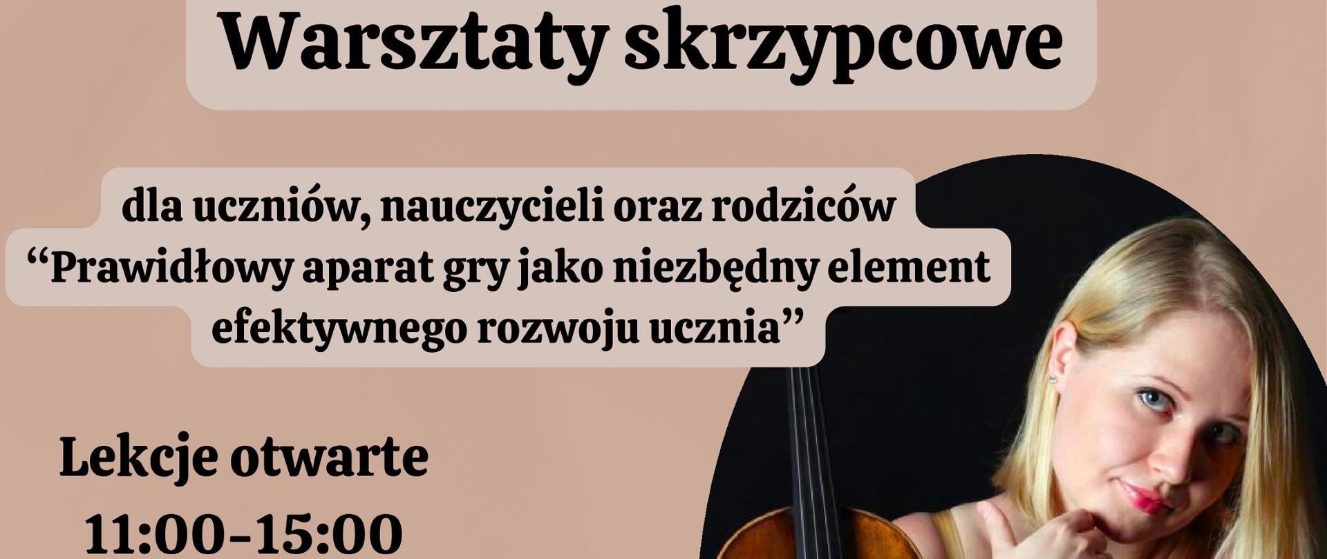 plakat wykonany na delikatnie kawowym tle. W lewym dolnym rogu widoczne są nutki. W prawym górnym rogu zdjęcie Pani Moniki Donaldskiej ze skrzypcami. Trzcionka jest koloru czarnego. Tekst zamieszczony jest w różnych miejscach na plakacie.