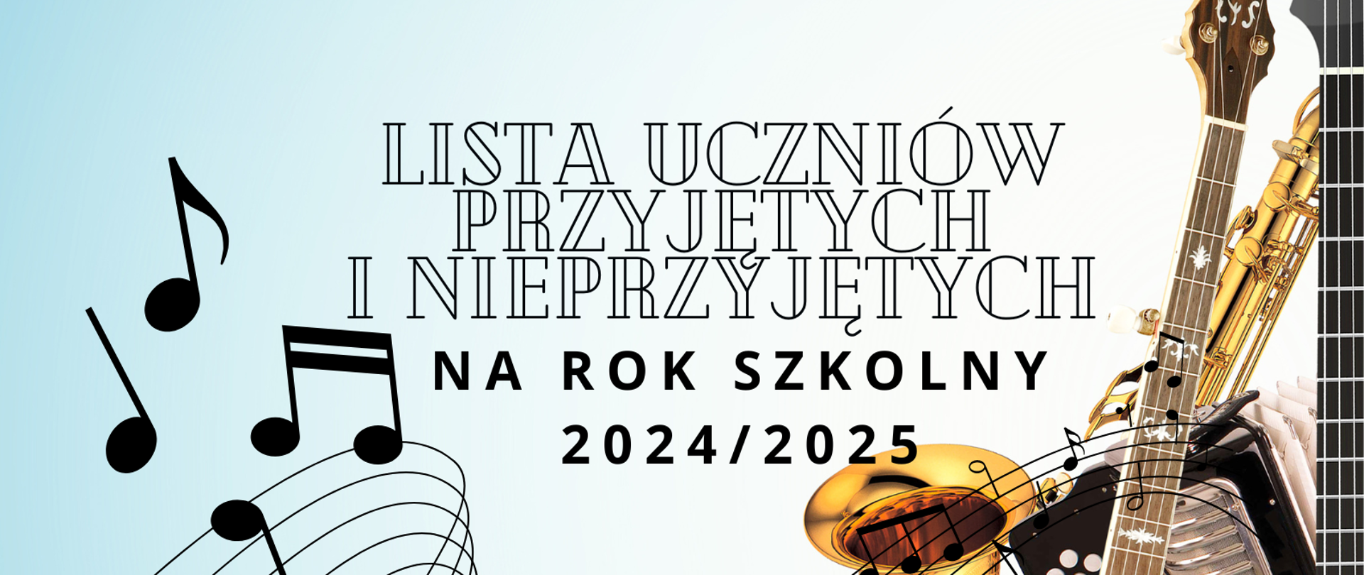 Błękitne tło, i rozrzucone czarne nutki, po prawej stronie rysunki fragmentów instrumentów