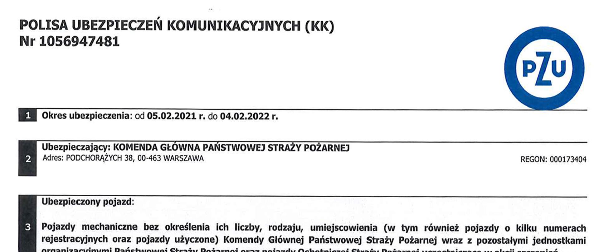 Ilustracja przedstawia treść, wymienioną w punktach, polisy ubezpieczeń komunikacyjnych. U góry po prawej stronie znajduje się logo PZU.