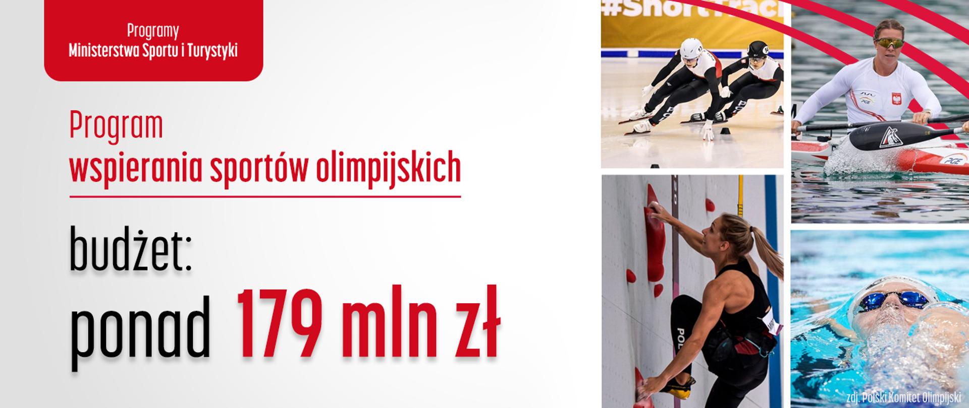 Program wspierania sportów olimpijskich - napis budżet ponad 179 mln zł, grafika ze zdjęciami sportowców