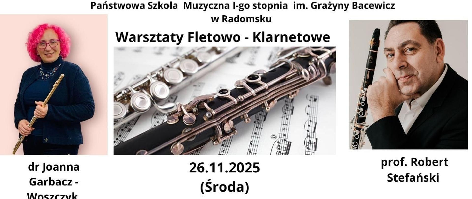 Na białym tle znajdują się napisy informacyjne w kolorze czarnym oraz zdjęcia prowadzących, którzy pozują na fotografiach z fletem i klarnetem ( po obu stronach grafiki środkowej, na której znajdują się flet i klarnet leżące na kartce tekstu nutowego).