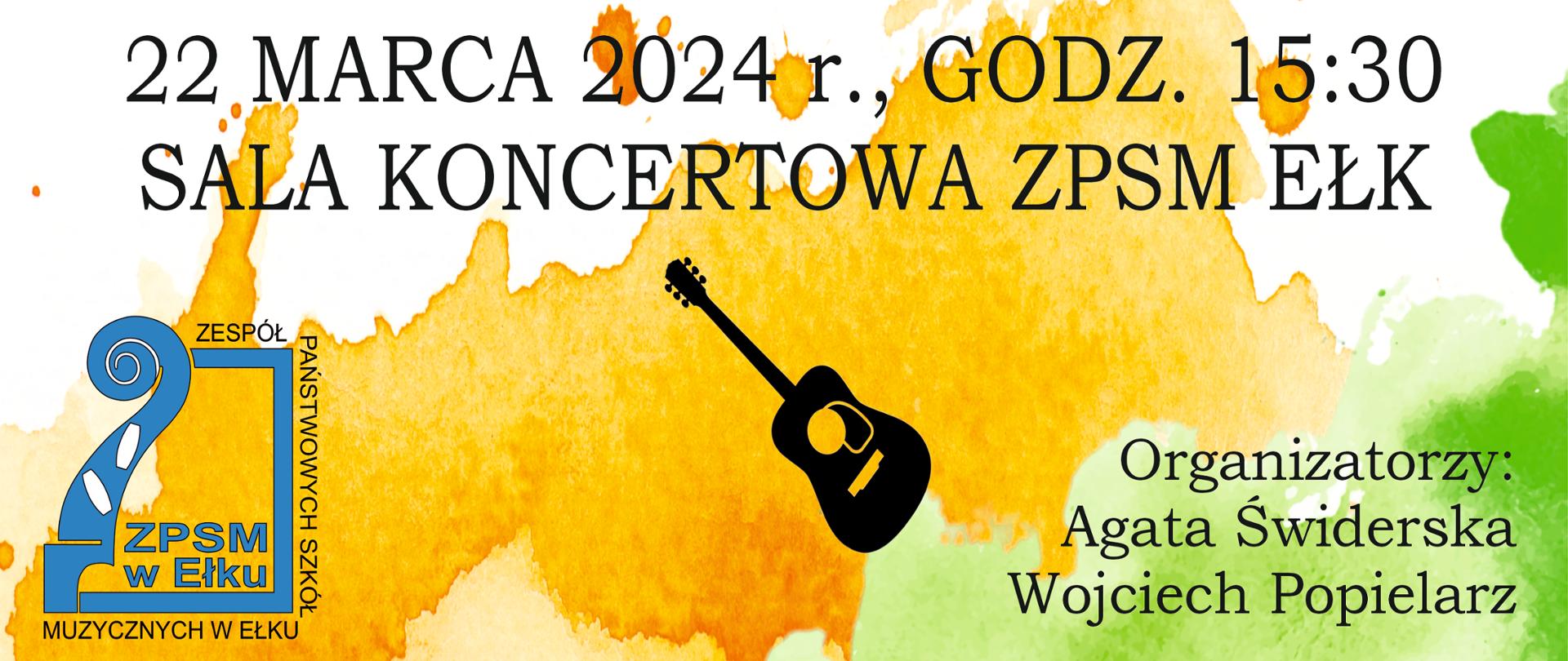 Plakat anonsuje X Międzyszkolne Spotkania Gitarzystów. W górnej części plakatu, na zielono- żółtym tle, widnieje sylwetka uśmiechniętego chłopca siedzącego "po turecku" z gitarą na kolanach. Poniżej, na białym tle napisano tytuł festiwalu a niżej na tle żółto - zielonym dzień, godzinę i miejsce, w którym się odbędzie. 