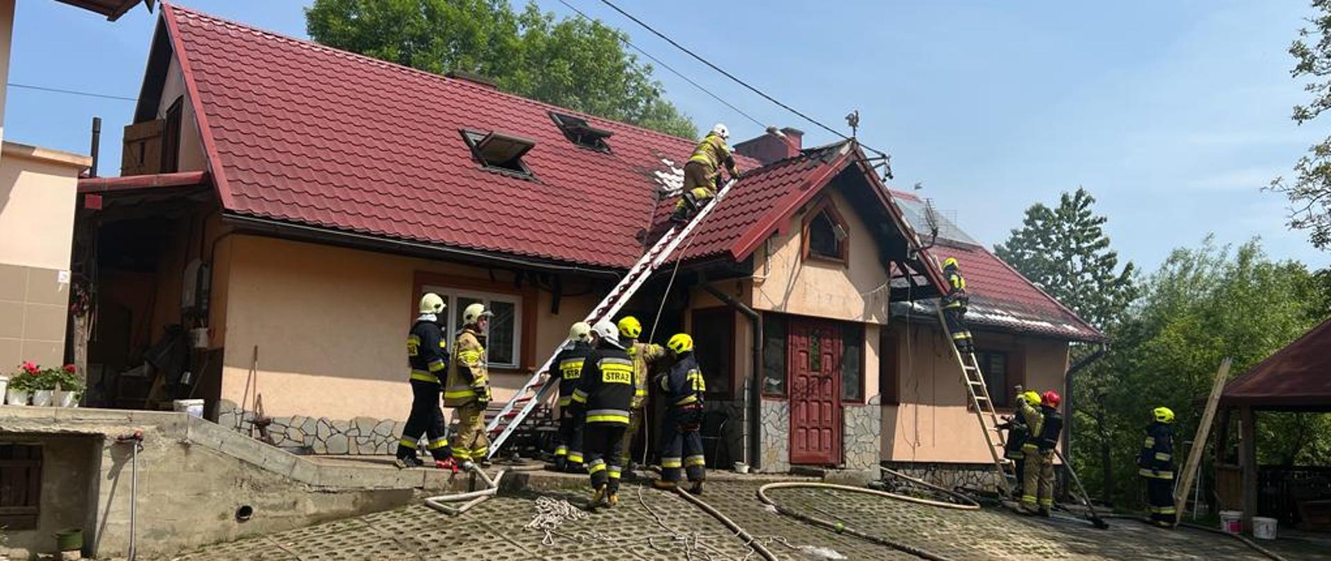 Strażacy gaszą pożar budynku mieszkalnego. Kilku z nich jest na dachu do którego przystawiona jest drabina