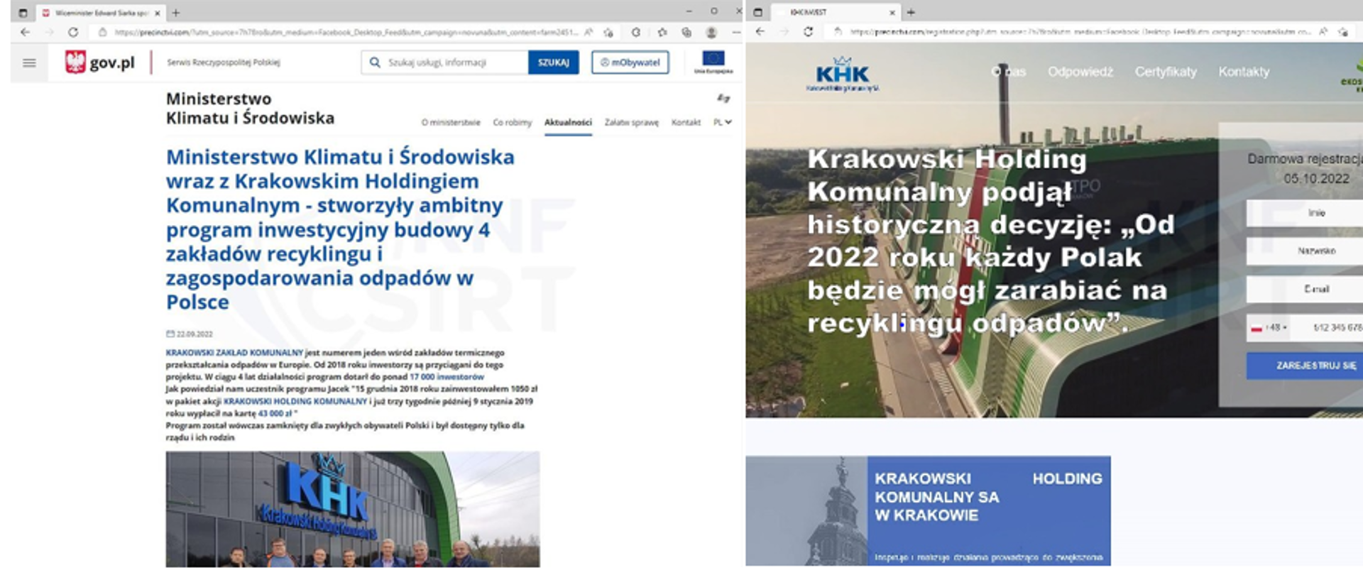 zdjęcie podrobionej strony www wykorzystującej wizerunek Ministerstwa Klimatu. Napis:Ministerstwo Klimatu i Środowiska wraz z Krakowskim Holdingiem Komunalnym – stworzyły ambitny program inwestycyjny budowy 4 zakładów recyklingu i zagospodarowania odpadów w Polsce
