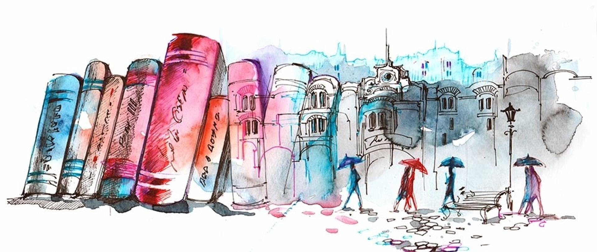 Postacie ludzkie spacerujące w deszczu na tle budynków i olbrzymich książek stojących grzbietem do przodu. Mają rozłożone parasolki. Jest ławka parkowa i latarnia.