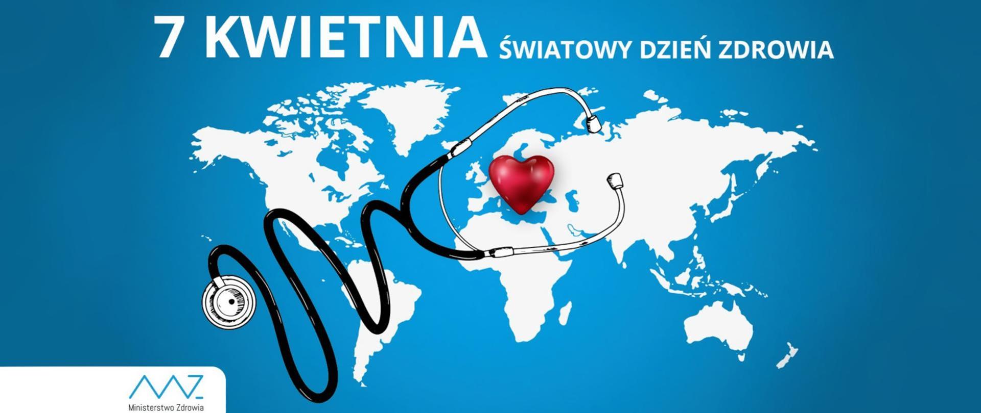 mapa świata przedstawiająca serce w miejscu Polski otoczone stetoskopem . 