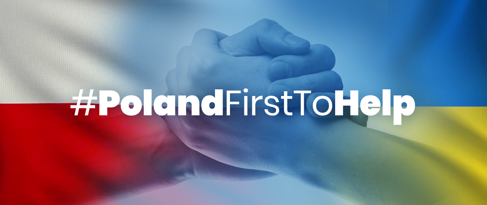 Grafika kampanii #PolandFirstToHelp przedstawiając a złączone dłonie na tle polskiej i ukraińskiej flagi