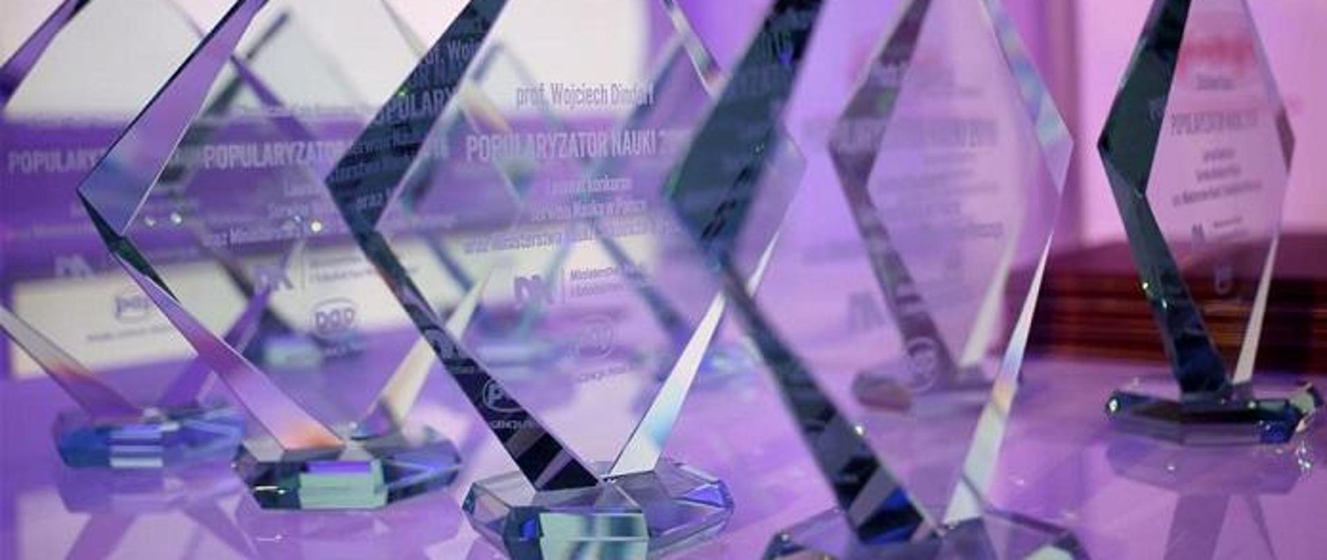 Na fioletowym tle szklane statuetki w formie czworokątów z napisem "popularyzator nauki"