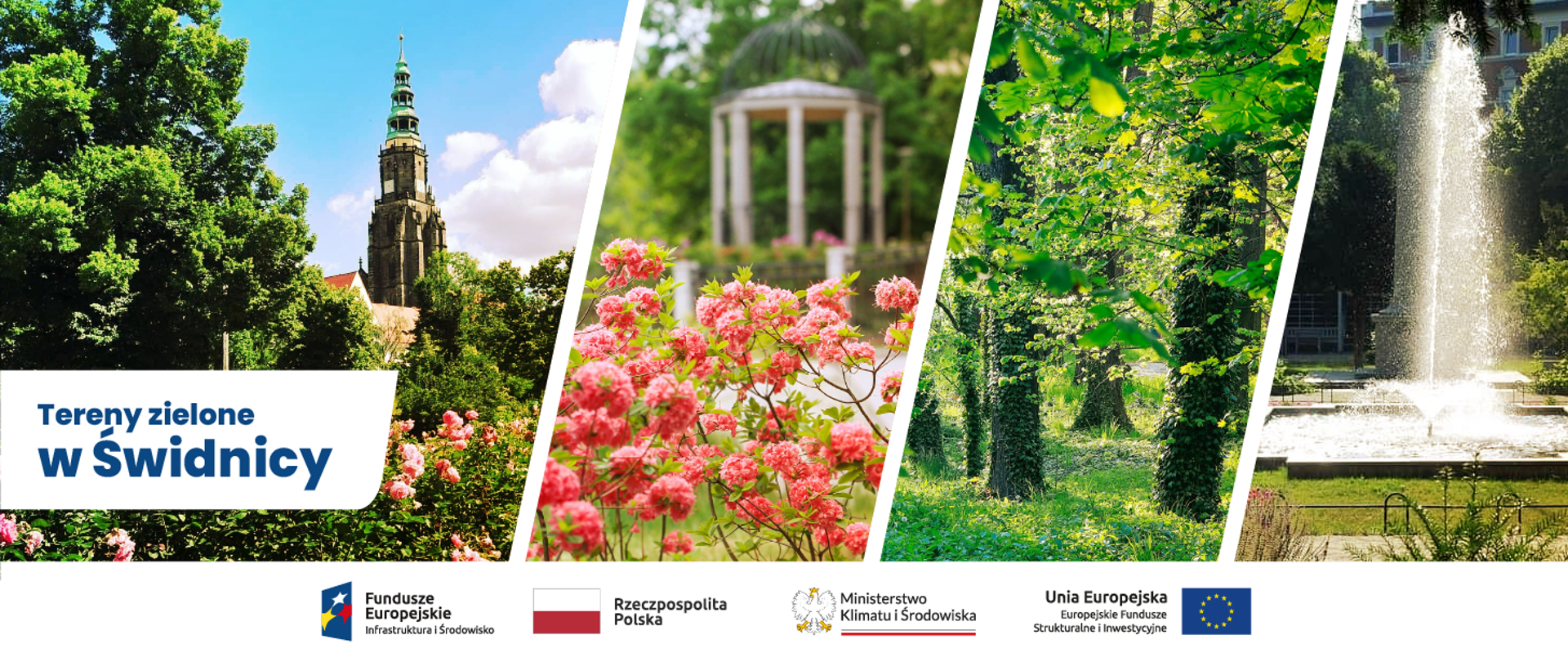 kolaż 4 zdjęć: na pierwszym zieleń parkowa i historyczny budynek, na drugim kwiaty, w oddali pergola, na trzecim zieleń parkowa, na czwartym fontanna w okolicy zieleń parkowa. Na samym dole pod kolażem logo POIS 2014-2020