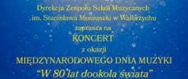 Plakat wydarzenia ukazuje Ziemię widzianą z kosmosu, otoczoną świecącymi, żółtymi nutkami, na tle rozświetlonego nieba. W górnej części znajduje się logo szkoły z okazji jubileuszu 80-lecia. Centralnie widnieje informacja: „Dyrekcja Zespołu Szkół Muzycznych im. Stanisława Moniuszki w Wałbrzychu zaprasza na KONCERT z okazji Międzynarodowego Dnia Muzyki 'W 80 dni dookoła świata' 1 października 2025 r. godz. 17:00, w auli szkoły przy ul. Moniuszki 41”. Całość utrzymana jest w niebiesko-złotej kolorystyce, budującej wrażenie podróży muzycznej wokół globu.