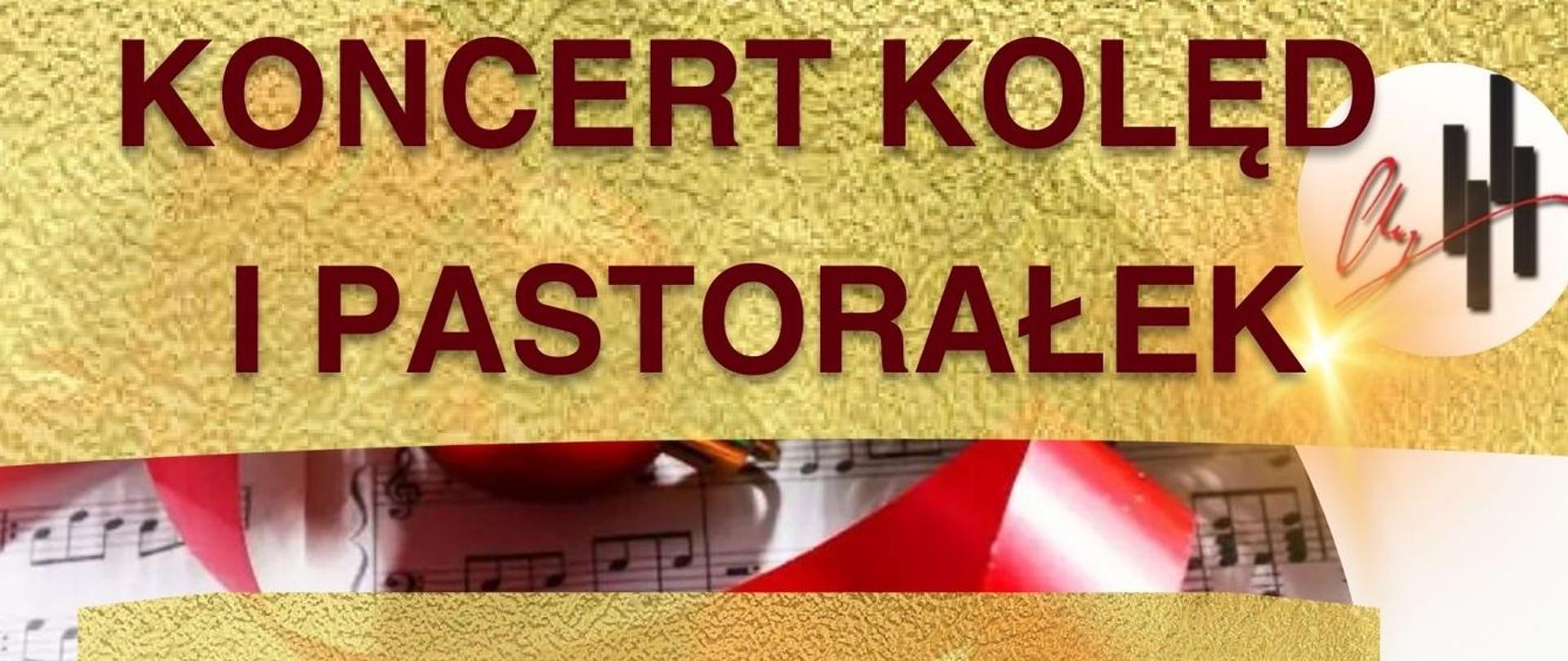 Tło plakatu to zeszyt nut oraz ośnieżona gałązka, na którym jest czerwona wstążka i bombka. W półokręgu w dolnym prawym rogu jest zdjęcie klawiatury i jednej ręki na klawiaturze. Górna część plakatu to nazwa wydarzenia na złotym tle - Koncert Kolęd i Pastorałek, poniżej także na złotym tle data i godzina koncertu: 19 grudnia , godz. 16.00. Kolejno na środku zaproszenie do wzięcia udziału w koncercie. Na samym dole na złotym tle miejsce wydarzenie : sala koncertowa i informacja o wstępie wolnym na to wydarzenie.