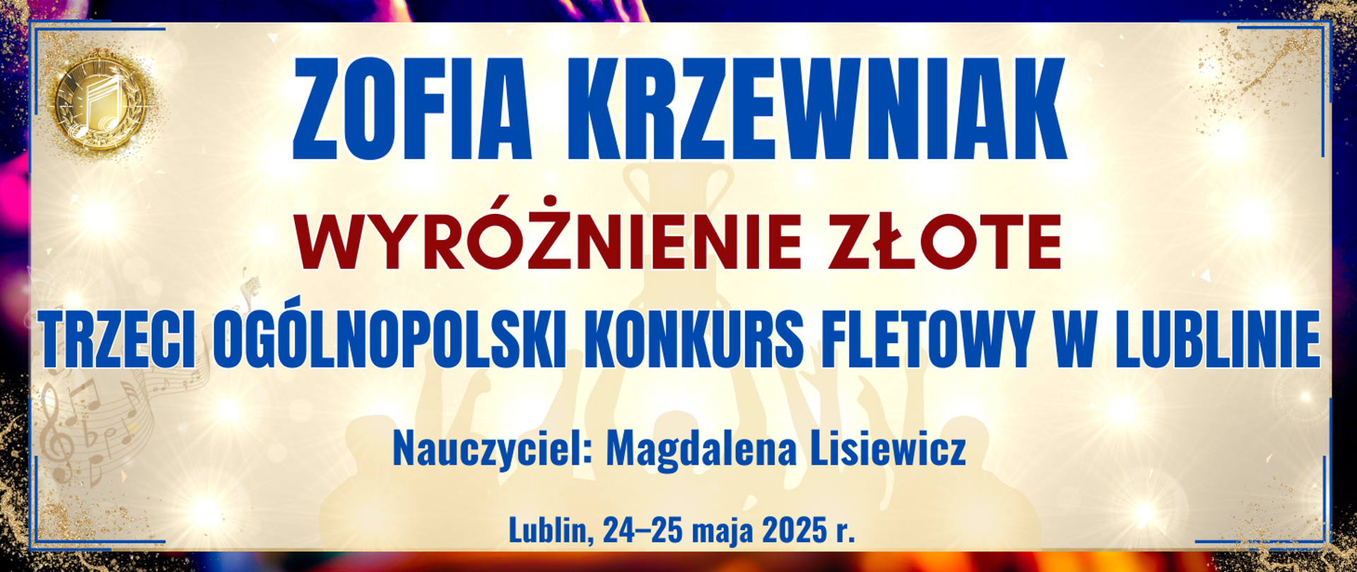 baner z ciemną kolorową ramką, jasne tło w środku z informacją o wyróżnieniu