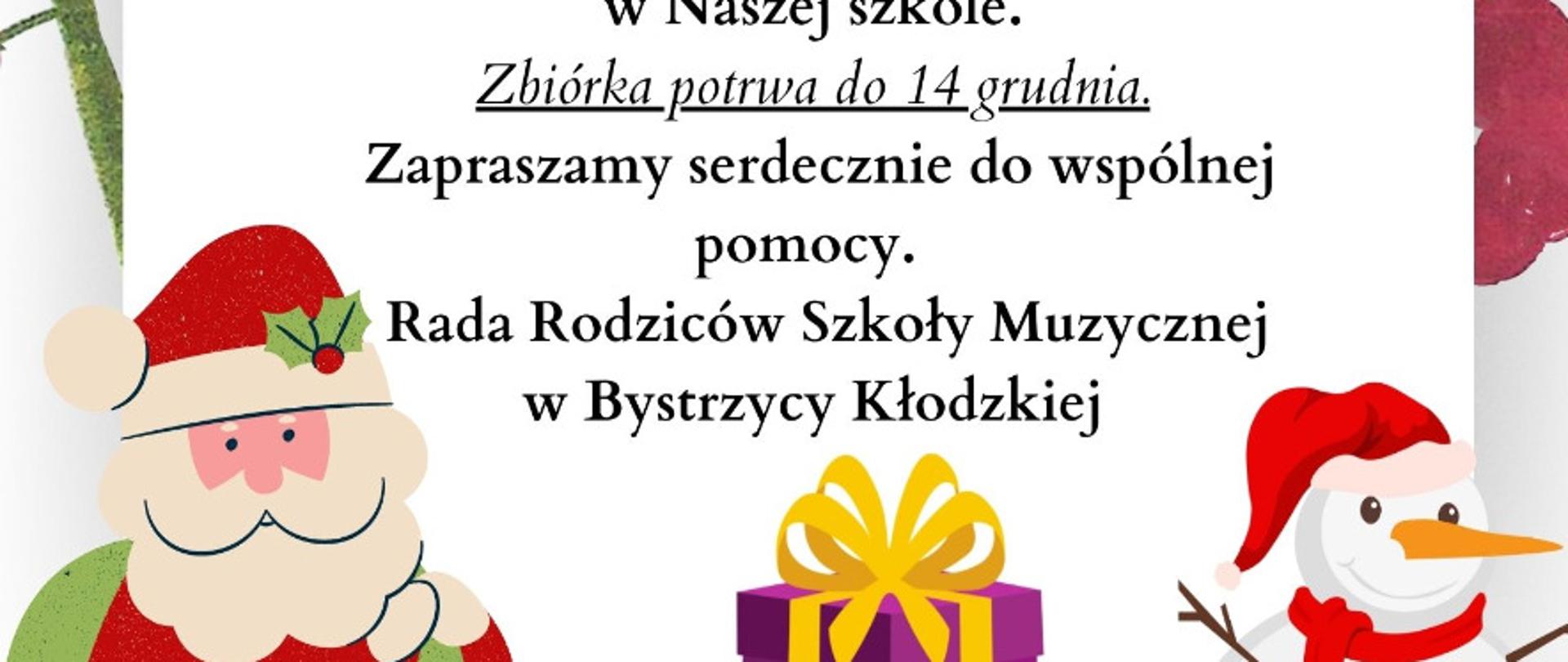 Plakat Rady Rodziców z długą informacją zapraszajacą na Jarmark 17 grudnia 2022, na dole grafiki Świętego Mikołaja, bałwana oraz prezentów