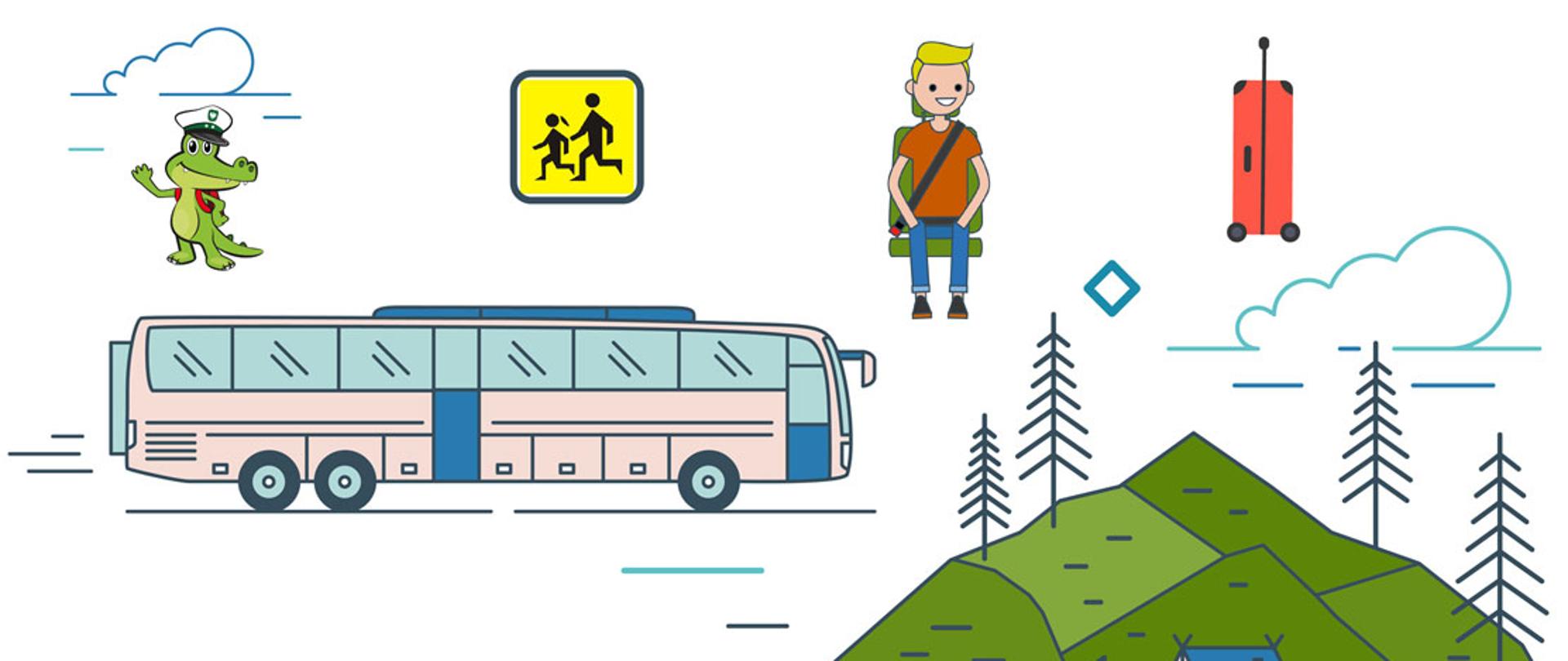 Ilustracja akcji bezpieczny autokar: inspekcyjny krokodylek, dzieci i bagaż, autobus oraz biwak z namiotem i ogniskiem na tle gór