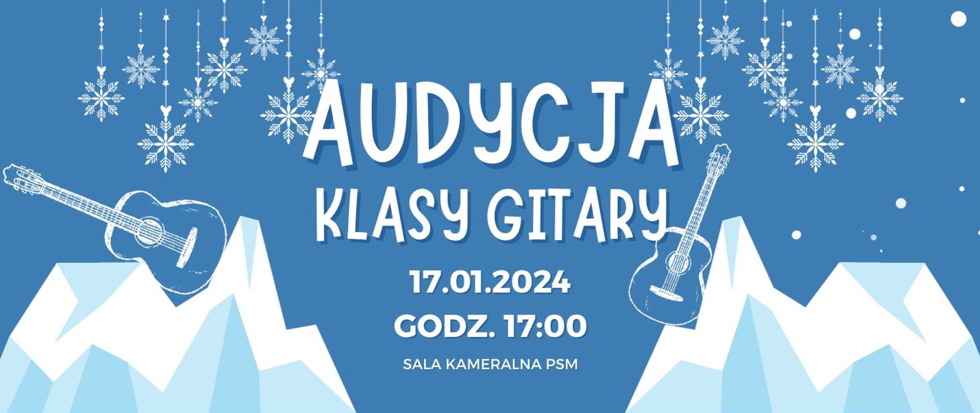 Plakat na niebieskim tle z białymi napisami i białymi grafikami śnieżynek, gór i gitar