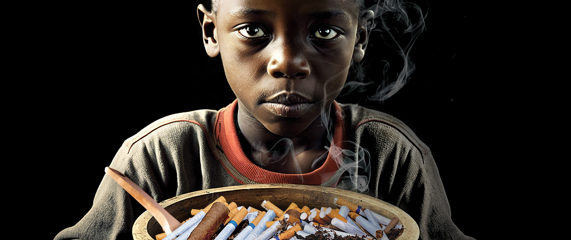 plakat czarny, chłopiec ciemnej karnacji, smutne oczy trzyma talerz z papierosami jak posiłkiem