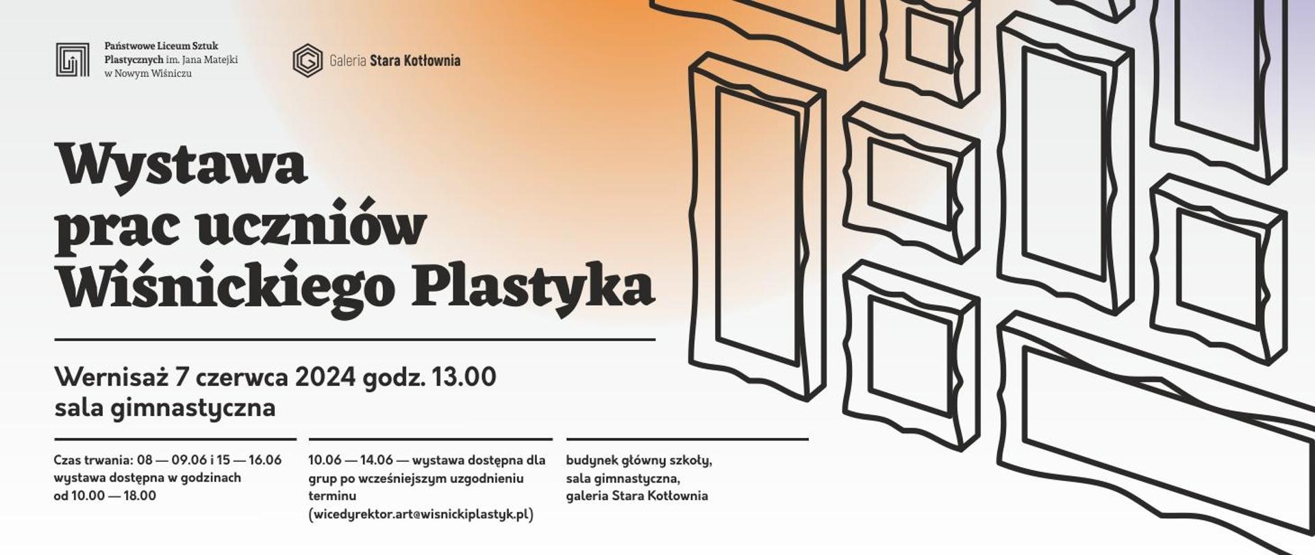 Grafina na kremowo-pomarańczowym tle z lewej informacje o wystawie z prawej rysunki ram obrazów