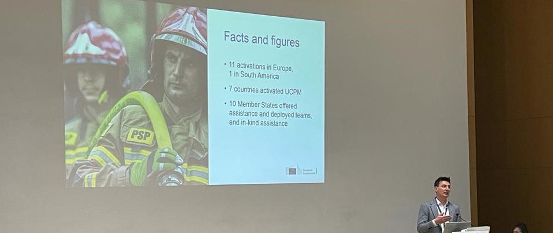 W sali podczas warsztatów prelegentem jest mężczyzna, po jego prawej stronie siedzi kobieta a po lewo dwóch mężczyzn, jeden w mundurze. Na ścianie widoczny wyświetlony slajd z wizerunkiem dwóch polskich strażaków podczas działań we Francji, po prawej stronie ich wizerunku napis Facts and figures 11 activactions in Europe, 1 in South America, 7 countries activated UCPM, 10 Member States offered assistance and deployed teams, and in-kind assistance