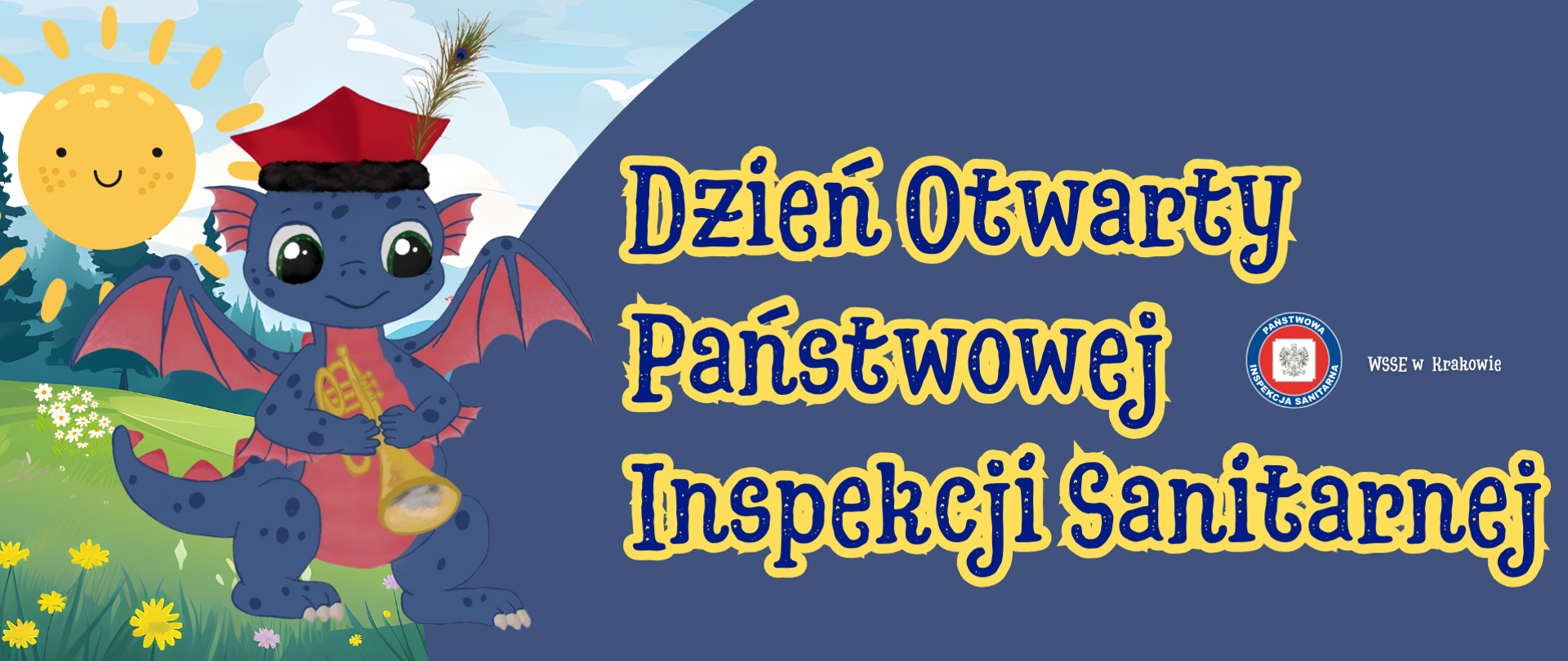 rysunek przedstawia niebieskiego smoka z trąbką w ręce oraz napis Dzień Otwarty Państwowej Inspekcji Sanitarnej
