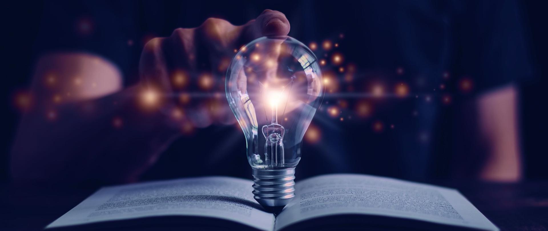 Informacja o poradniku „Strategie zarządzania kategoriami zakupowymi w zamówieniach publicznych”. Na zdjęciu widać otwartą książkę i żarówkę rozświetlaną, którą ktoś dotyka palcem. 