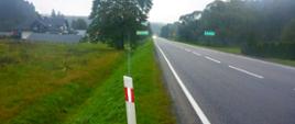 Na zdjęciu widoczna droga, słupek kilometrażowy, w oddali widać drzewa, jest pochmurno, z lewej strony widać rów i zieloną trawę. 
