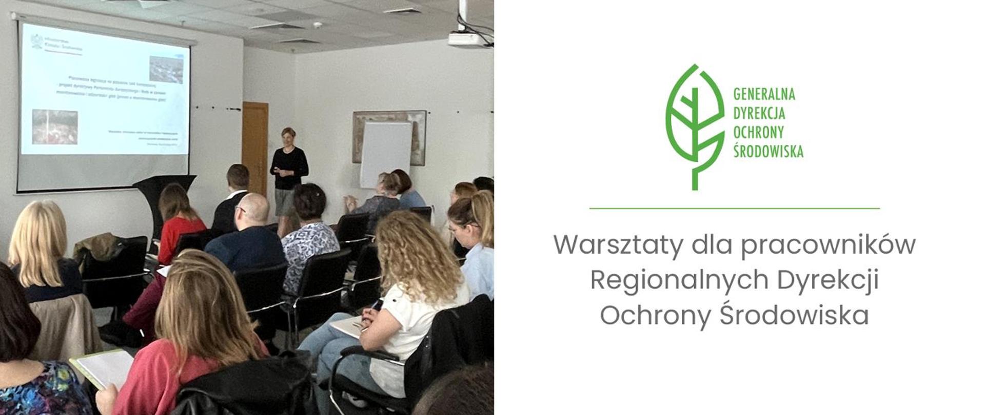 Z lewej strony zdjęcie uczestników warsztatów. Z prawej strony, u góry logo GDOŚ, na dole, napis Warsztaty dla pracowników RDOŚ